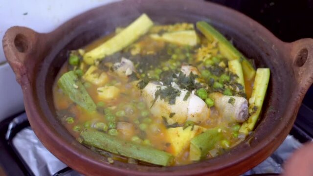 Close up of an open traditional tagine - Moroccan Food