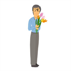 
A young man in glasses stands with a bouquet of tulips in his hands. Romantic date. Anniversary. Congratulations. A meeting. Flat style. Isolated on white background