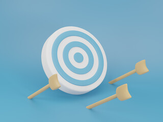 Yellow arrows missed hitting blue target mark on blue background. Multiple failed inaccurate attempts to hit archery target. Concept of business strategy and challenge failure. 3d render