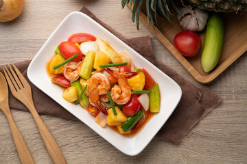 Stir fried Sweet and sour sauce with Vegetable and shrimp.Top view