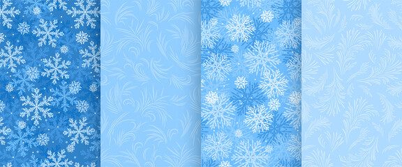 Winter Christmas patterns set. Collection of vector blue backgrounds with frosty ice decor and beautiful snowflakes.