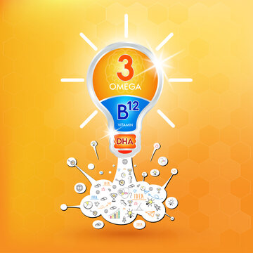 Fish oil omega 3 nutrients DHA and vitamin D, B12. Design logo products for kids food and Hand drawn infographic poster in light bulb spaceship shape. Benefits of food improving body healthy. Vector.