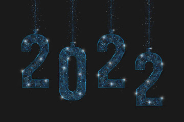 Abstract isolated blue image of new year number 2022. Polygonal low poly wireframe illustration looks like stars in the blask night sky in spase or flying glass shards. Digital web, internet design.