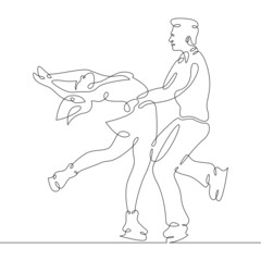 Fototapeta na wymiar Figure skating. Dancing couple on ice. Ice dance. Portrait of woman and man figure skaters. Winter sports. One continuous line .One continuous drawing line logo isolated minimal illustration.
