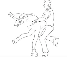 Figure skating. Dancing couple on ice. Ice dance. Portrait of woman and man figure skaters. Winter sports. One continuous line .One continuous drawing line logo isolated minimal illustration.