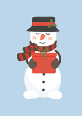 Snowman holding Christmas gift. Cute children illustration.