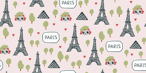 Cute vector seamless pattern with cat in Paris, urban streets. Cute romantic touristic pattern design