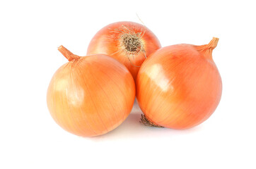 Three fresh onions head isolated on white background.
