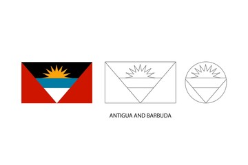 Antigua and Barbuda flag 3 versions, Vector illustration, Thin black line of rectangle and the circle on white background.