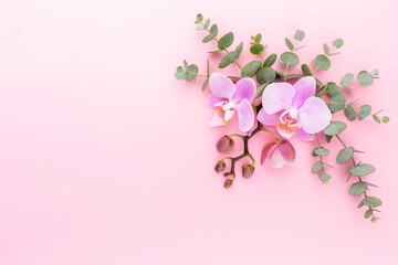 Fototapeta na wymiar Pink spa orchid theme objects on pastel background.