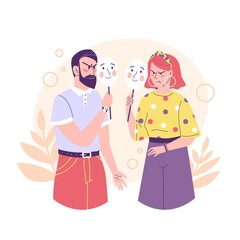 Couple of people are holding fake masks in their hands. Vector flat cartoon illustration of psychological problems.