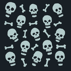 Set of hand drawn illustrations of skulls and bones on a dark background