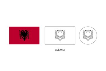 Albania flag 3 versions, Vector illustration, Thin black line of rectangle and the circle on white background.