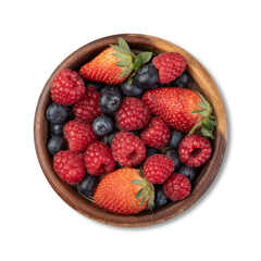 Strawberries, blueberries and raspberries in a bowl isolated over white background