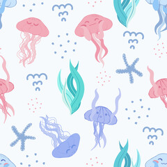 Seamless pattern with jellyfish. Vector illustration for design, fabric or wrapping paper.