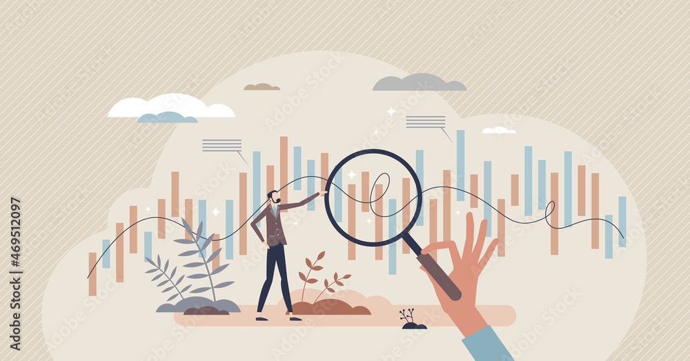 Poster statistical analysis and information data research audit tiny person concept. business financial cha