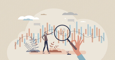 Statistical analysis and information data research audit tiny person concept. Business financial chart closeup examination for accounting planning or profit balance calculation vector illustration. - obrazy, fototapety, plakaty
