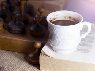 Black coffee and vintage chess, retro