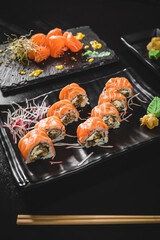 Perfect Sushi Japanese Asian Seafood Food Dish Menu Gourmet Restaurant Chef on Dark Background