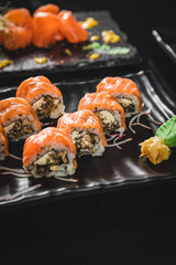 Perfect Sushi Japanese Asian Seafood Food Dish Menu Gourmet Restaurant Chef on Dark Background