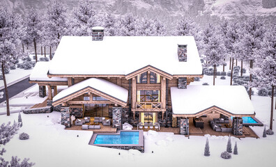 3d rendering of modern cozy chalet with pool and parking for sale or rent. Beautiful forest mountains on background. Massive timber beams columns. Cool winter evening with cozy light from windows