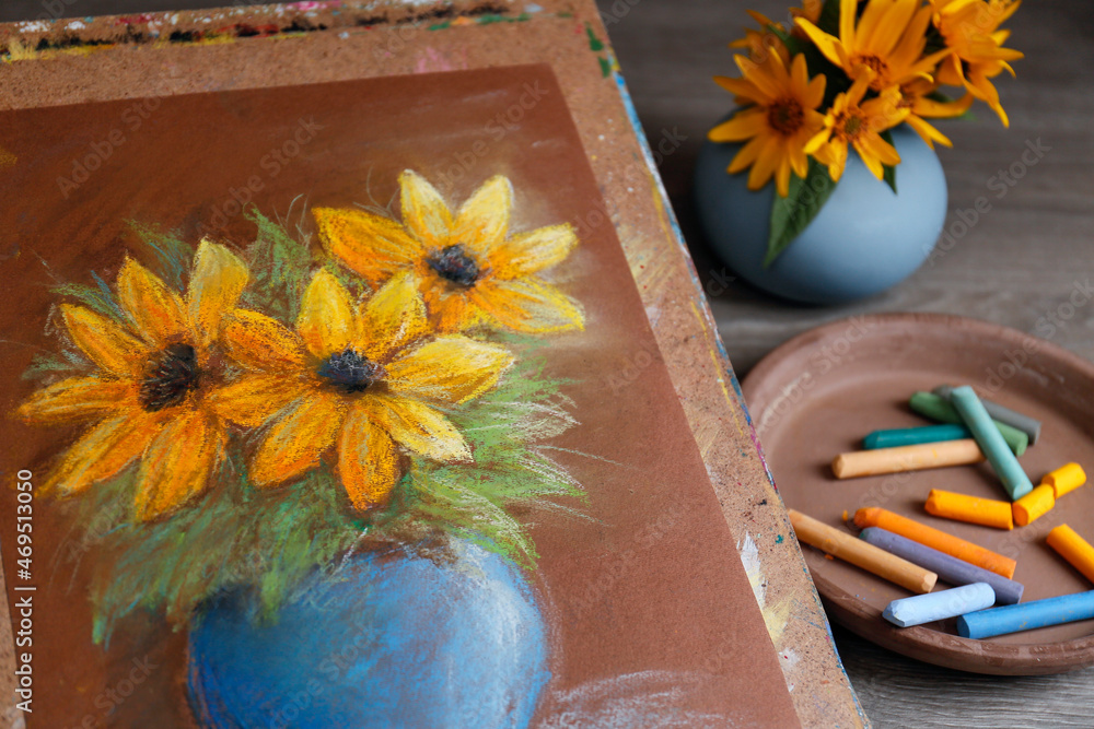 Canvas Prints Pastel drawing of beautiful yellow flowers in vase on table