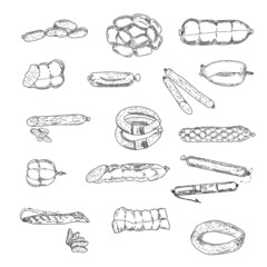 A set of sausage products and meat delicacies. Sausages, bacon, lard, salami in sketch style.