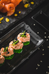 Perfect Sushi Japanese Asian Seafood Food Dish Menu Gourmet Restaurant Chef on Dark Background
