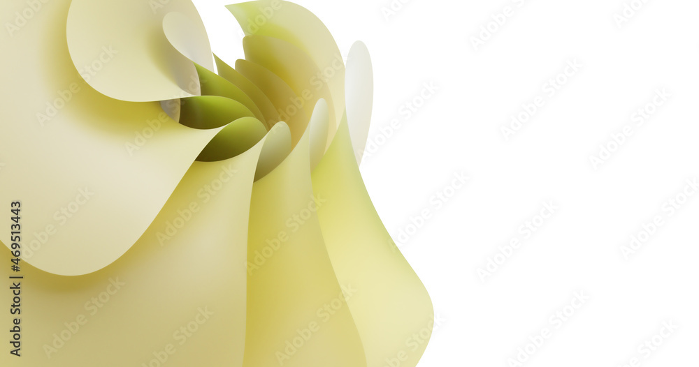 Poster abstract background with yellow curvy paper sheets in shape flower. multi layered effect, 3d render.