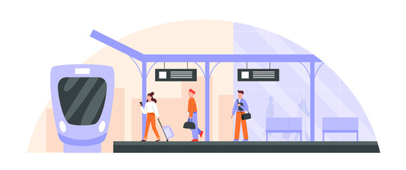 Flat vector illustration of passengers on a railroad platform. People with luggage on railway station. Public transport concept. - obrazy, fototapety, plakaty