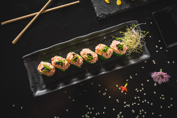 Perfect Sushi Japanese Asian Seafood Food Dish Menu Gourmet Restaurant Chef on Dark Background