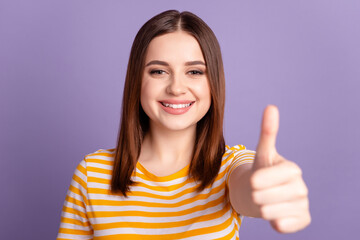 Photo of young lovely lady good mood show thumb-up cool ads approve great isolated over violet color background