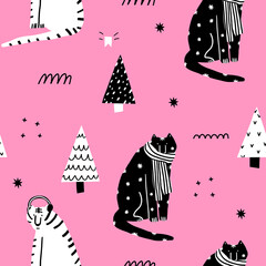 seamless vector pattern - black and white tigers on a  pink background. Celebrating new year and christmas. Hand drawn black and white striped tigers in festive caps. Social media wallpaper for 2022