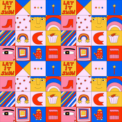 Obraz premium seamless patchwork square patterns for christmas.Vintage winter collage.Faded lo fi palette.Psychedelic style 70s and 80s.Wallpaper for social media stories.Vibrant shape wrapping