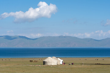 Yurt Camps by Issyk-Kul Lake Traditional yurt camps line the shores of Issyk-Kul Lake, offering a...