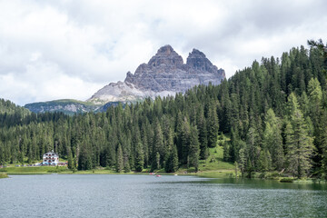 Panorama view of Tre Cime di Lavaredo from Misurina lake in Dolomites, Italy in summer
