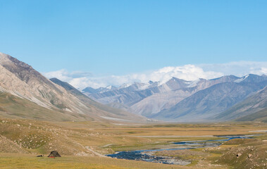 Alpine Valley with a Meandering River in Kyrgyzstan A picturesque alpine valley with a winding river cutting through lush pastures, framed by the majestic Kyrgyz mountain ranges under a clear blue sky