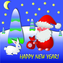 Santa Claus gives a gift to a hare in the winter forest on New Year's Eve