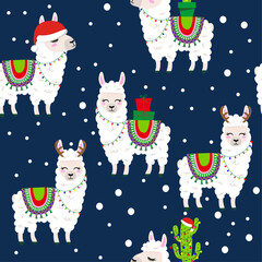 Christmas Llama pattern design with several alpacas - funny hand drawn doodle, seamless pattern. Adorable Xmas characters. Hand drawn doodle set for kids. Good for textile, nursery, wallpaper. © Zsuzsanna