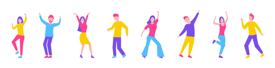 Fototapeta na wymiar Dancing people. Party. Group of people at a dance party. Smiling dancing young people. Flat style. Vector illustration