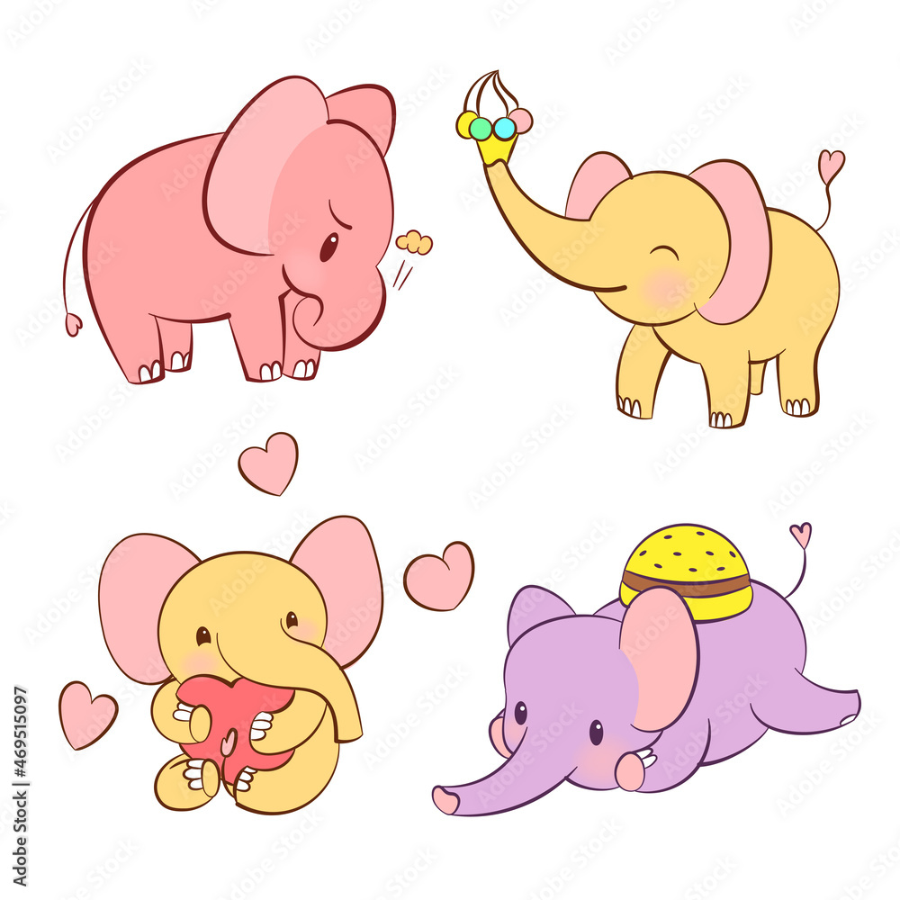 Wall mural Emotional sticker set with cute elefant in different colors. Kawaii style. Cartoon emoji sticker with elefants in different moods. Vector illustration.