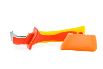 An electrician's and builder's tool. A hand tool. On a white background