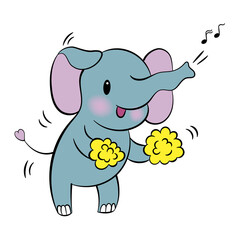 Emotional sticker with cute elefant. Kawaii style. Cartoon emoji sticker with dancing elefant. Vector illustration.