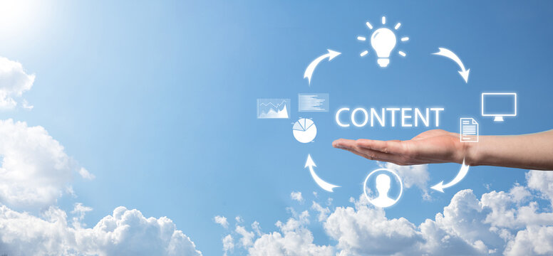 Content marketing cycle - creating, publishing, distributing content for a targeted audience online and analysis.