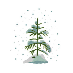 Christmas tree in the snow and without decorations, isolated on a white background. Vector illustration of a coniferous tree in winter and falling snowflakes.