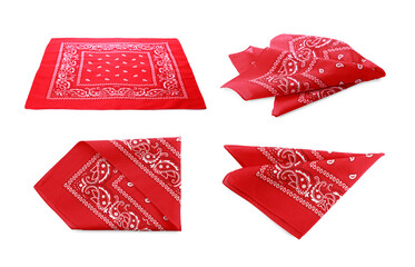 Red bandanas with paisley pattern on white background, collage