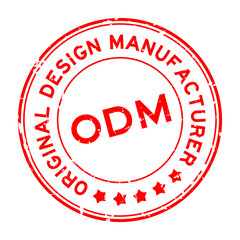 Grunge red ODM Original Design Manufacturer word round rubber seal stamp on white background