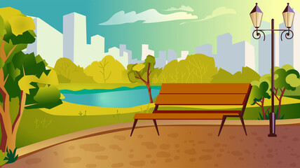 Bench in city park concept. Public garden place with green trees, lanterns, path for walking, wooden bench, lake, cityscape with skyscrapers view. Vector illustration background in flat cartoon design