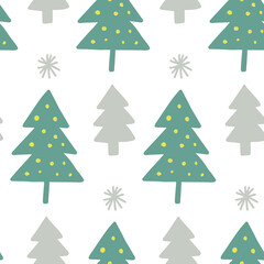 Fototapeta premium Cute winter seamless pattern background with Christmas tree simple doodles and snowflakes in childish hand drawn style. Seasonal New Year holiday festive backdrop texture, print.