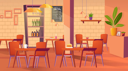 Restaurant interior concept. Apartment with furniture - tables with chairs, drinks and food, counter, bottle cabinet, wall decor and plants. Vector illustration background in flat cartoon design